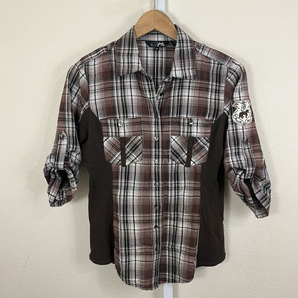 Goode Rider Plaid Button Down Shirt Women’s Medium Equestrian Roll Tab Brown